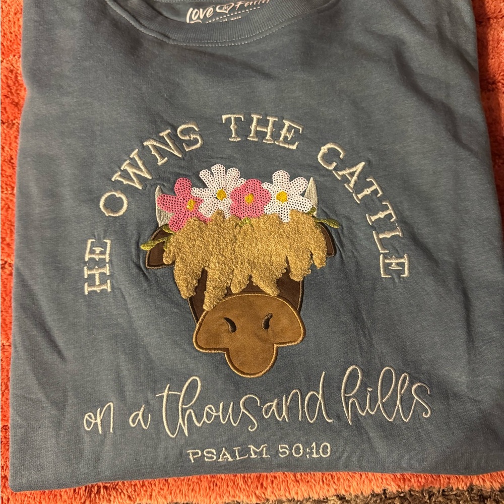 Love in Faith Blue Long Sleeve fleece sweatshirt with Floral Cow Design Psalms